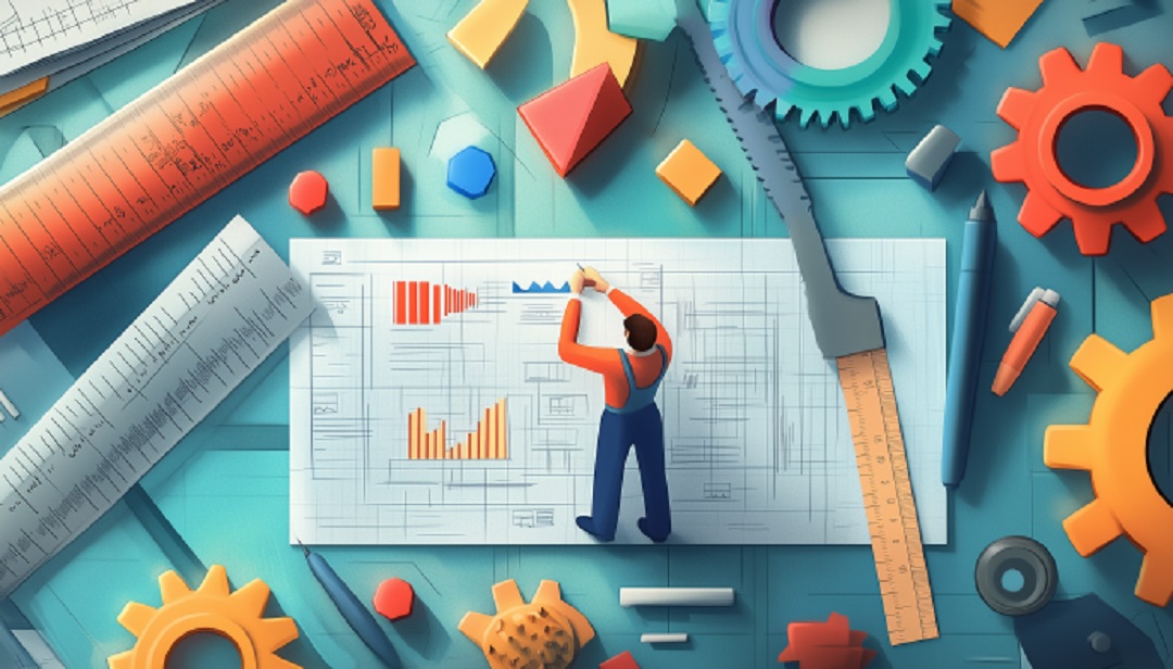 Illustration of a professional designing blueprints with rulers and gears, symbolizing structured and organized ESTJ careers.