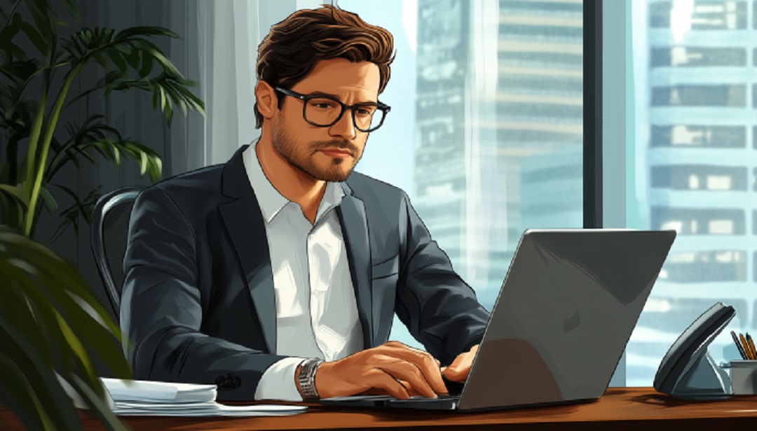 Professional in business attire working on a laptop in an office, representing organized and leadership-focused ESTJ careers.