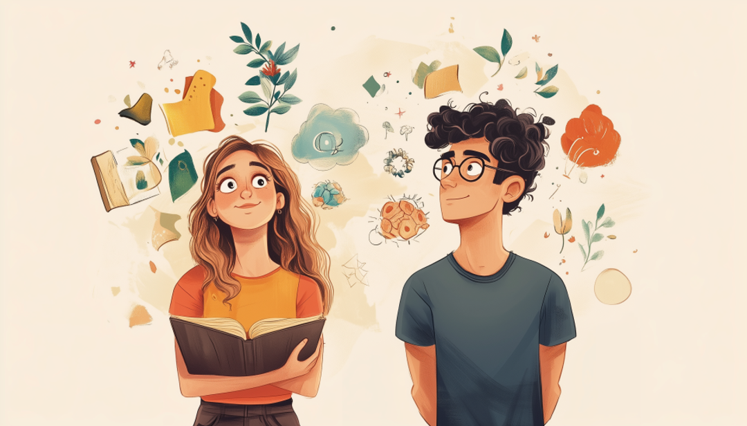 ESTJ compatibility worst matches shown through couple with contrasting thinking styles and floating idea symbols.