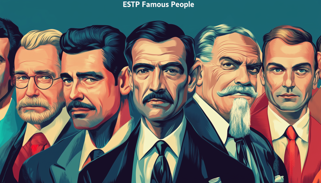 ESTP famous people header illustration showing diverse group in stylized portrait art.