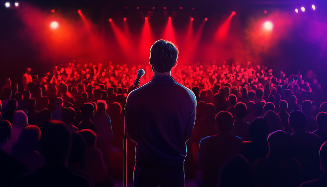 Performer facing large audience symbolizing Enneagram 4w3 balance between authentic self-expression and external validation.