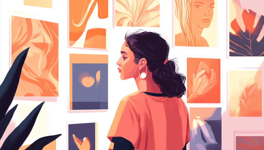 Artist viewing creative work on wall representing Enneagram 4w3 journey toward self-acceptance and authentic identity.