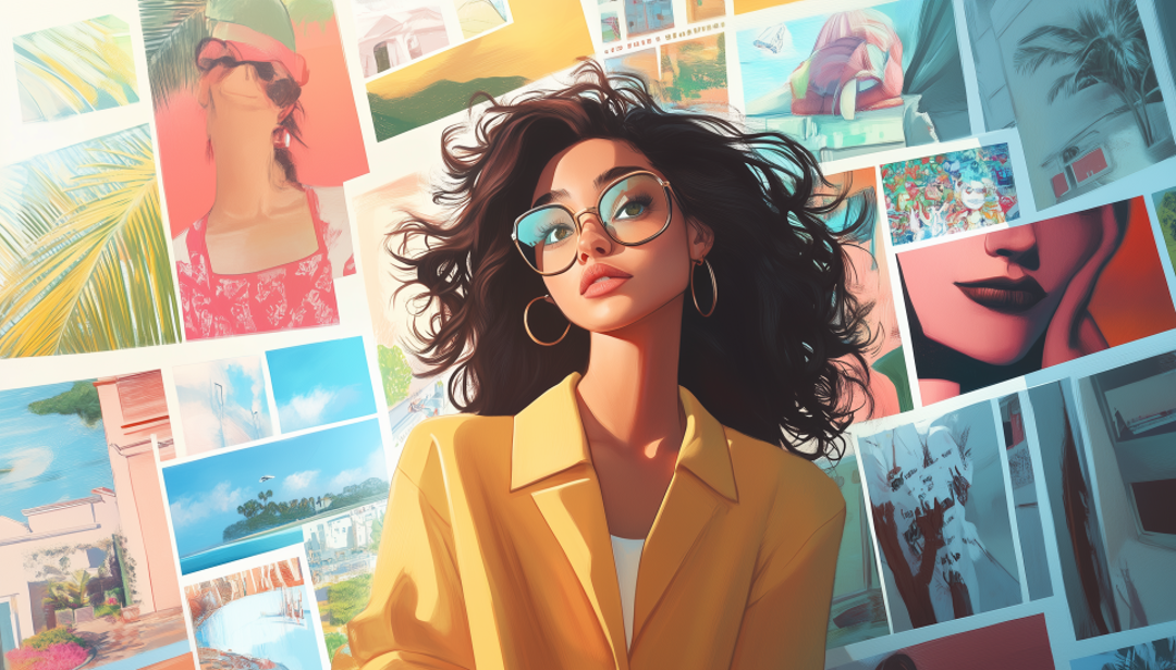 Stylish creative professional with mood board representing Enneagram 4w3 career paths blending artistry and ambition.