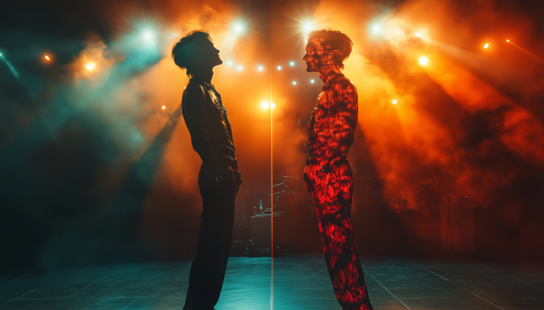 Two performers on stage with dramatic lighting illustrating Enneagram 4w3 strengths in creative expression and performance.