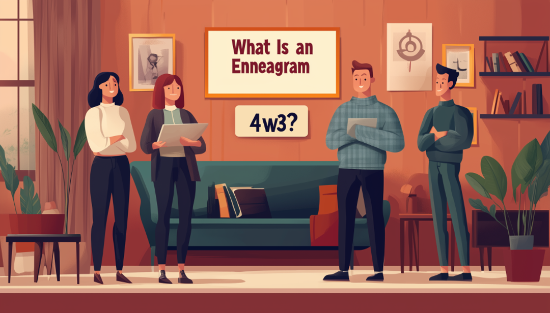 Four people in stylish living room asking what is an Enneagram 4w3 personality type.