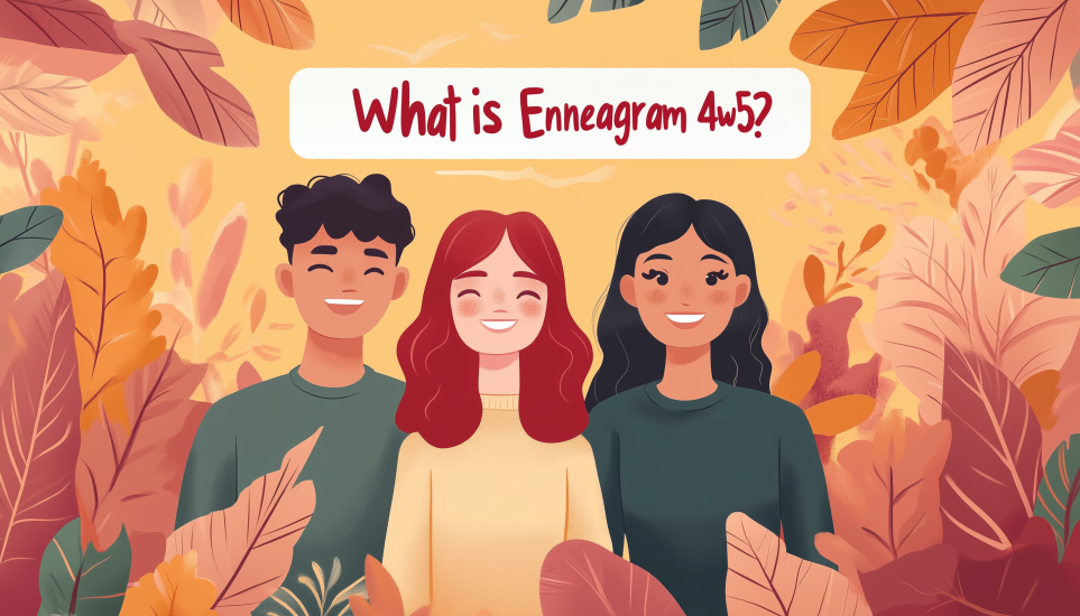 Illustration showing what is Enneagram 4w5 personality type with three diverse people surrounded by colorful autumn leaves.