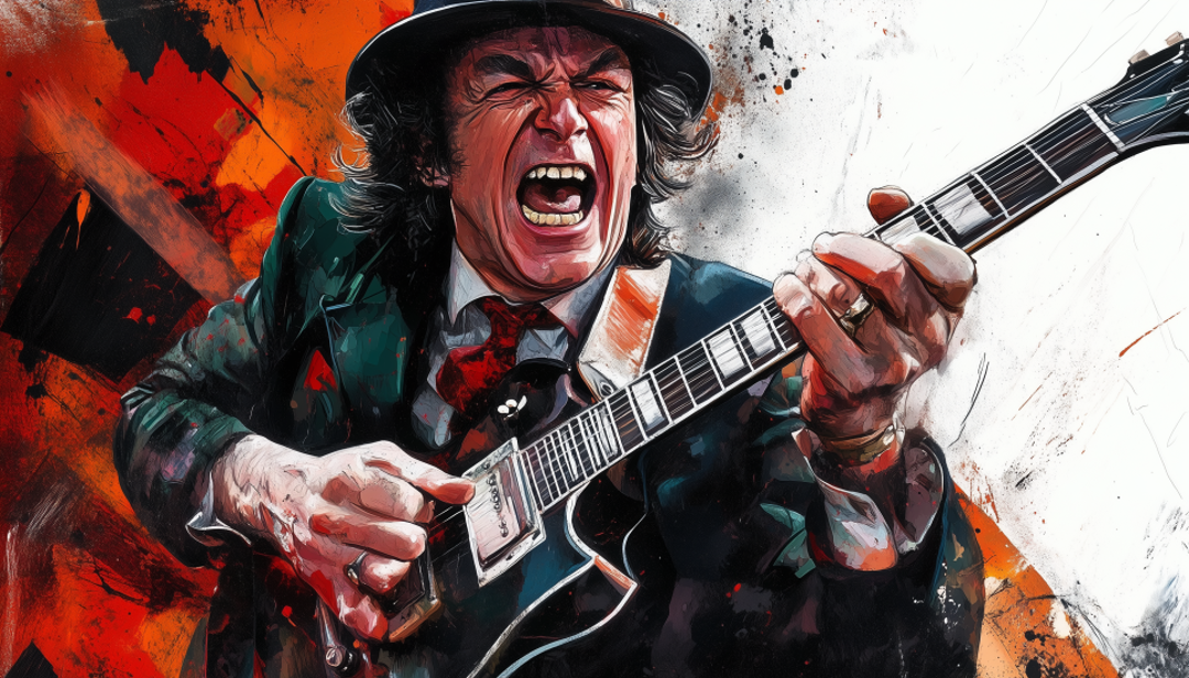 Angus Young performing energetically on guitar, representing ISTP famous people known for boldness and individuality.