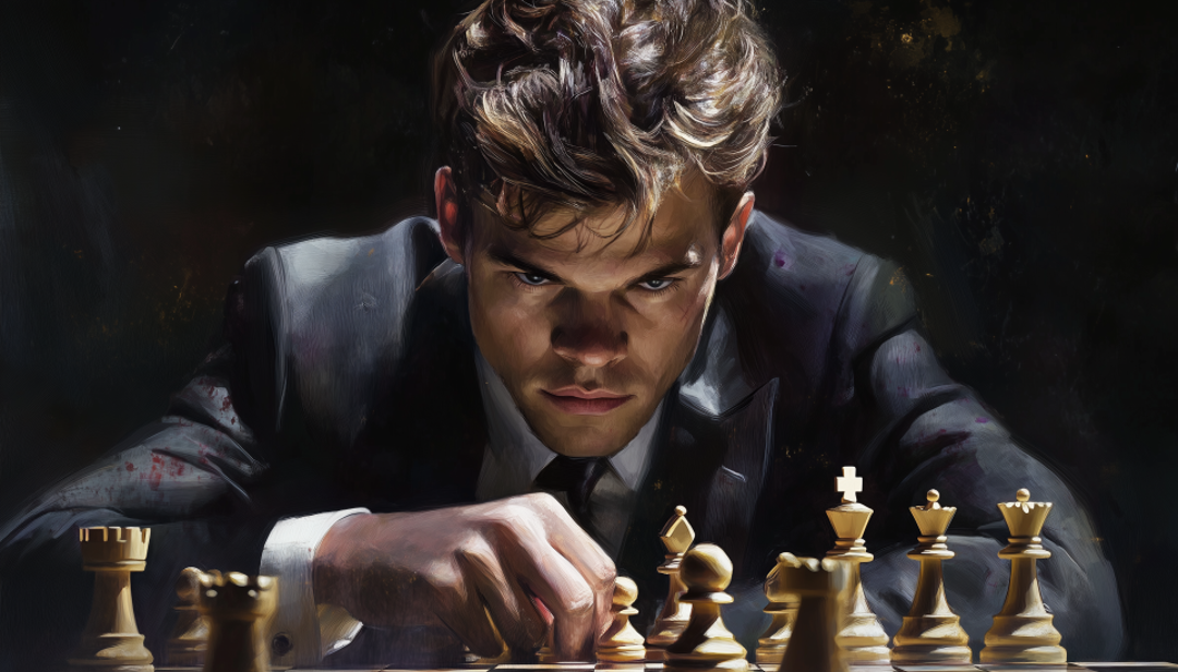 Magnus Carlsen focused on a chess game, representing ISTP famous people known for logic, precision, and independence.