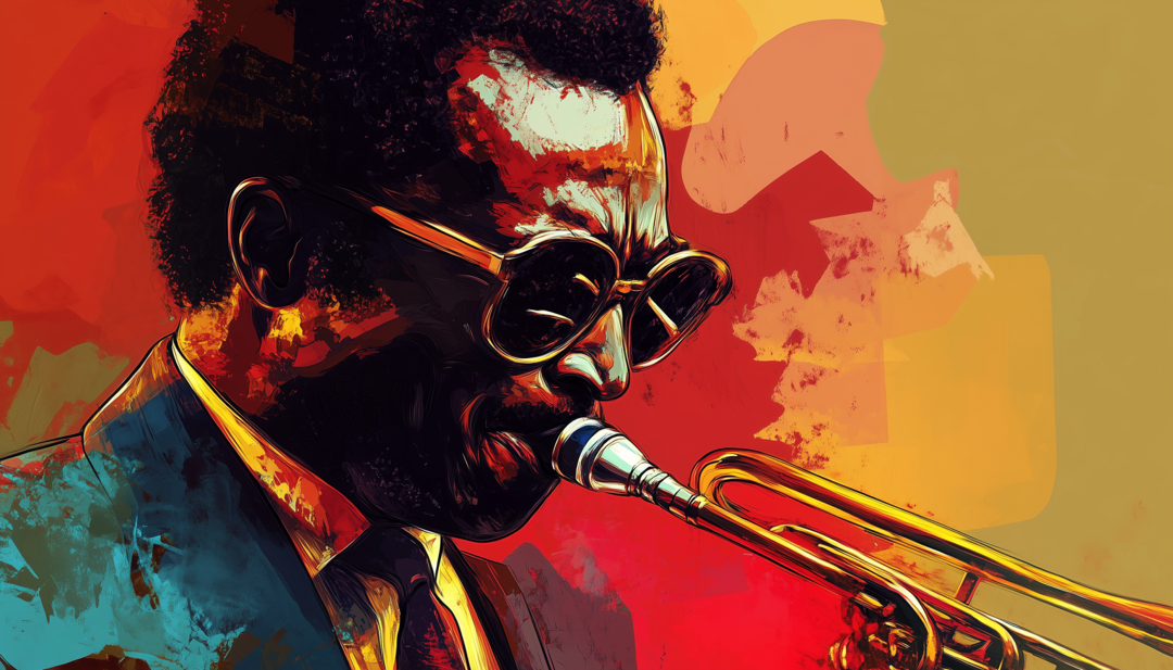 Artistic portrait of Miles Davis playing trumpet, representing ISTP famous people with creativity and independence.