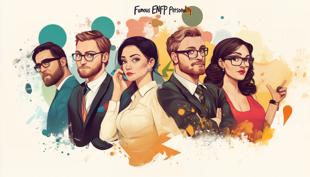 Group illustration of diverse famous ENFP people showing creative personality types.