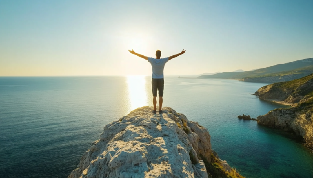 Person with open arms embracing a fulfilled life by ocean.