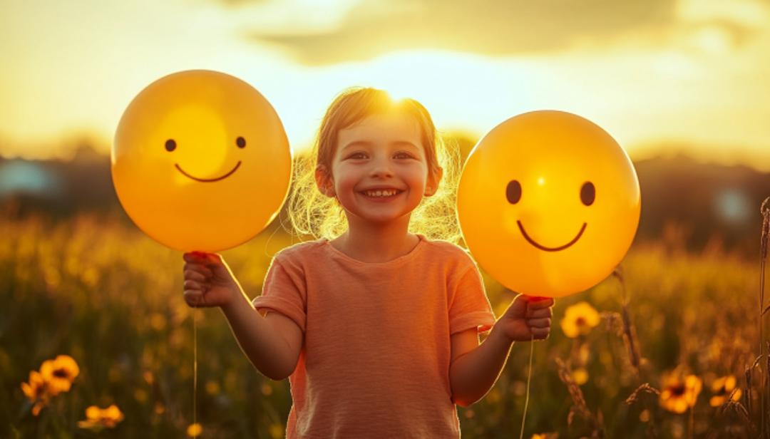 Happy child with smiley balloons representing a fulfilled life.