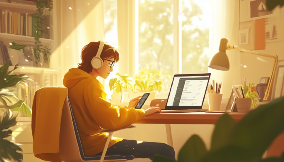 Gen Z worker using technology in modern workplace environment.