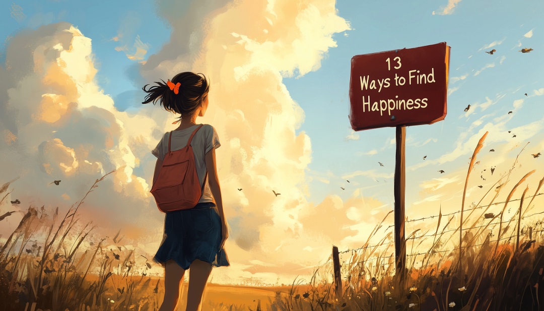 Person looking at sign with 13 ways to be happy when depressed.