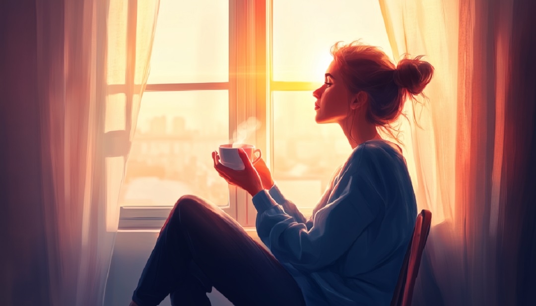 Person by window reflecting on how to be happy when depressed with support.