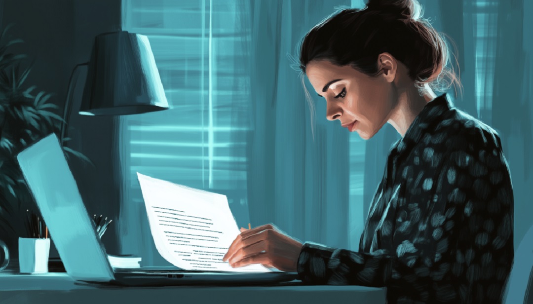 Woman reviewing resignation letter before learning how to quit a job professionally.