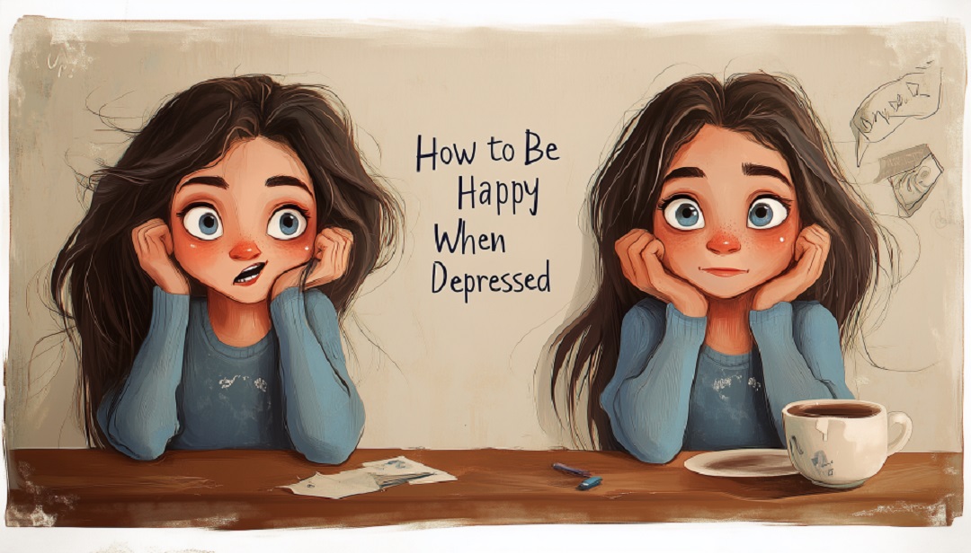 Illustration showing contrast of emotions for how to be happy when depressed.