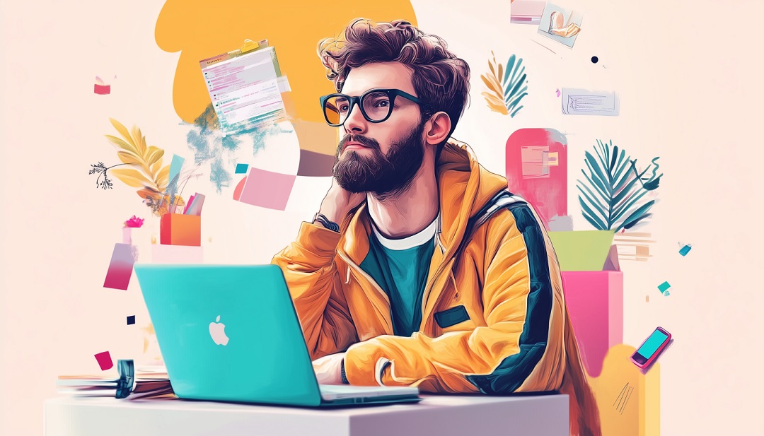 ISFP-A personality working creatively at laptop in artistic workspace environment.