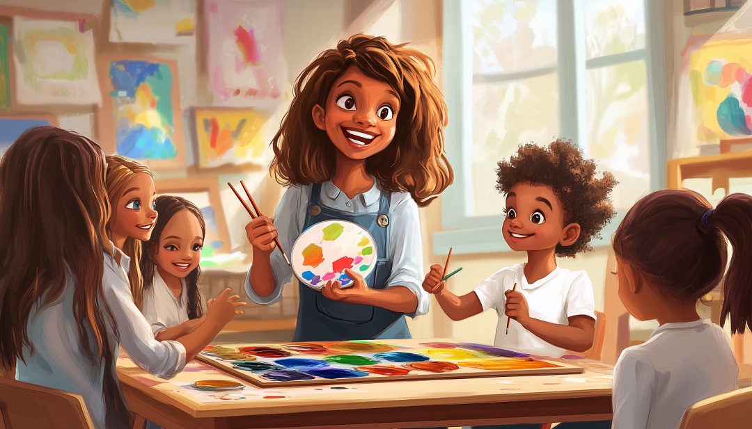 ISFP-T careers in teaching with art instructor leading creative painting class for children.