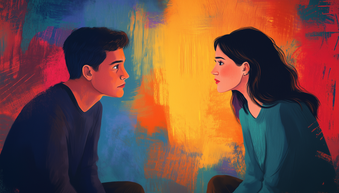 Couple in neutral conversation depicting moderate ISTP compatibility with average personality matches.