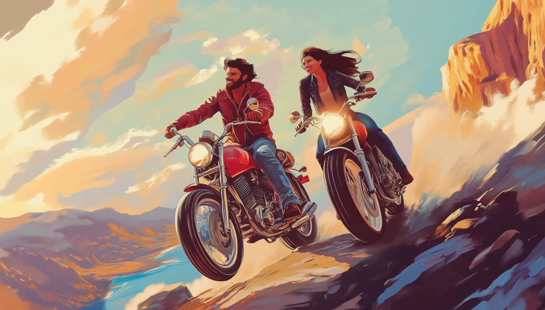 Couple riding motorcycles together representing adventurous ISTP compatibility with action-oriented personality types.