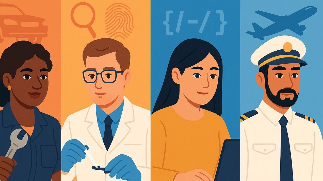 Four professionals in hands-on careers ideal for ISTP personality type including mechanic, forensic scientist, programmer, and pilot.