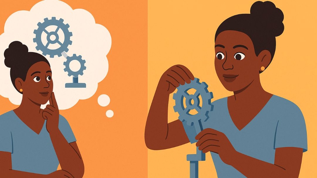 Split image showing ISTP cognitive functions from thinking to hands-on mechanical problem-solving.