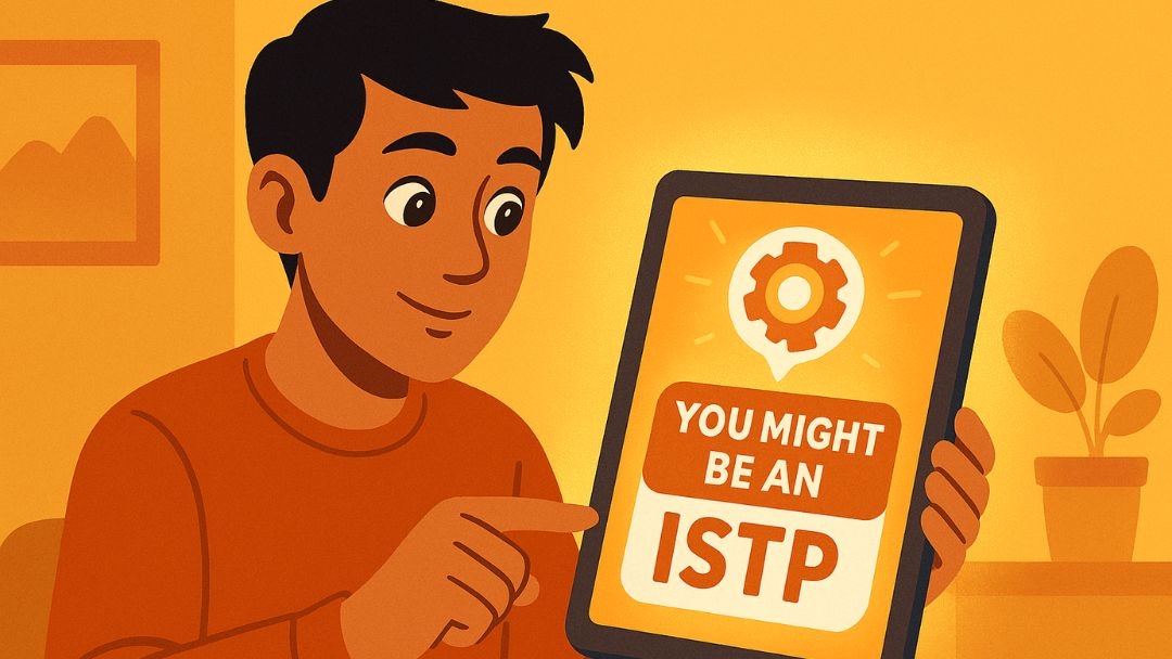 Man viewing tablet showing ISTP personality type test results and identification quiz.