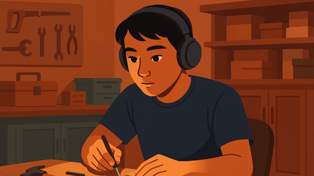 Person with headphones working in workshop showing ISTP personality growth through focused independent projects.