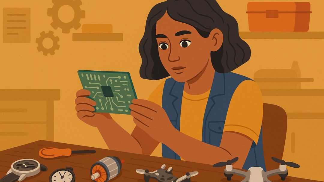 Woman examining circuit board in workshop demonstrating ISTP personality type hands-on problem-solving skills.