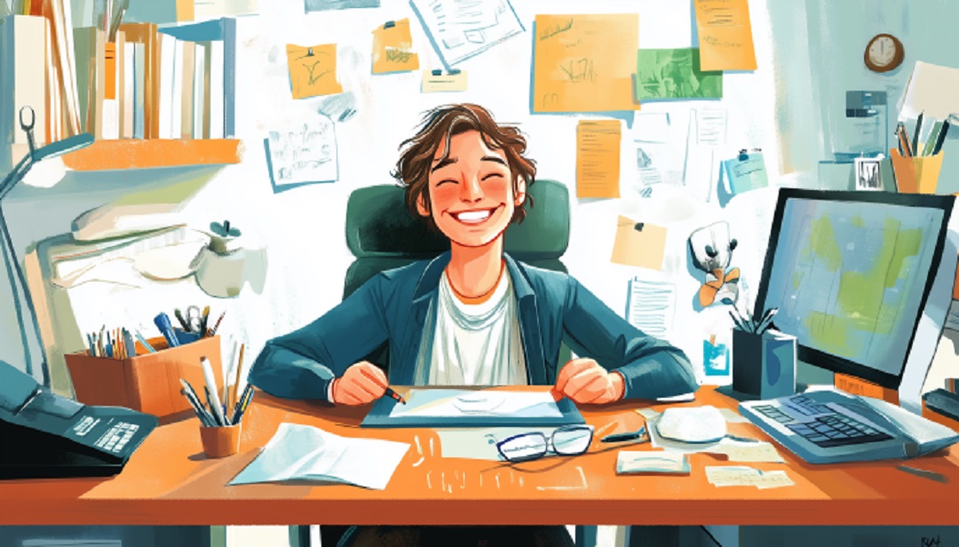 Happy professional demonstrating effective ways to improve work-life balance and reduce stress.