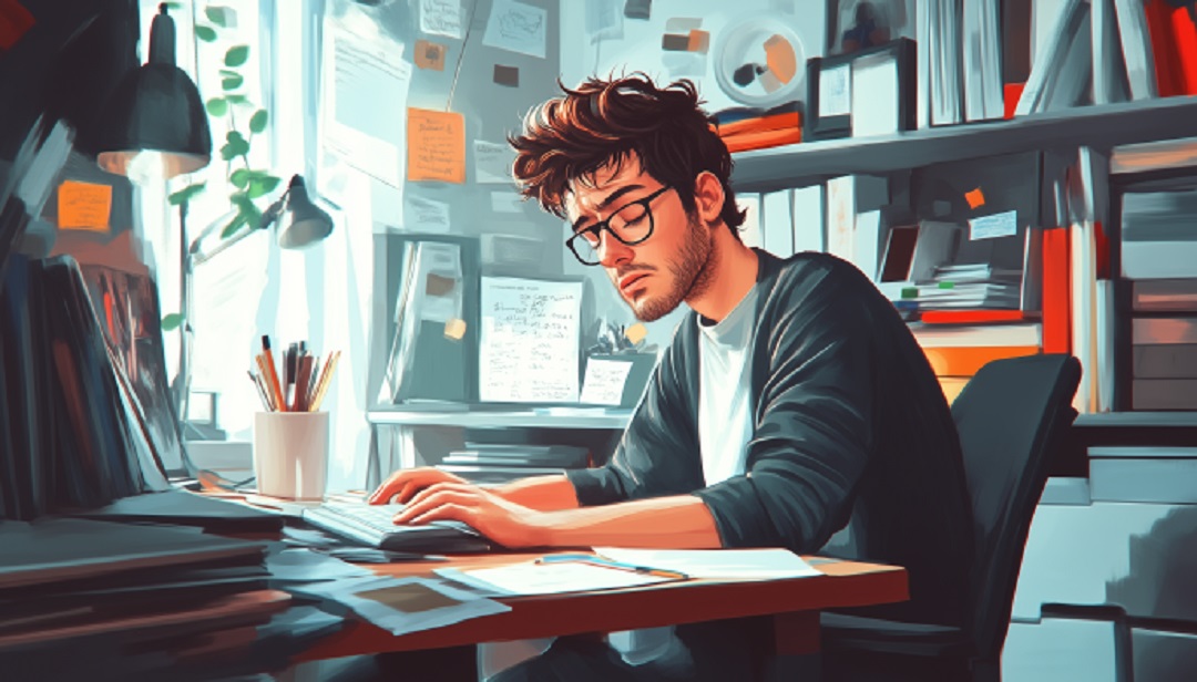 Focused worker applying tips to increase productivity at work in organized office environment.