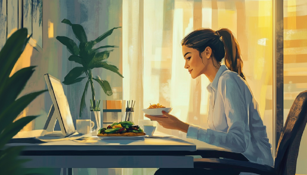 Organized workspace with healthy meal to increase productivity at work through wellness habits.