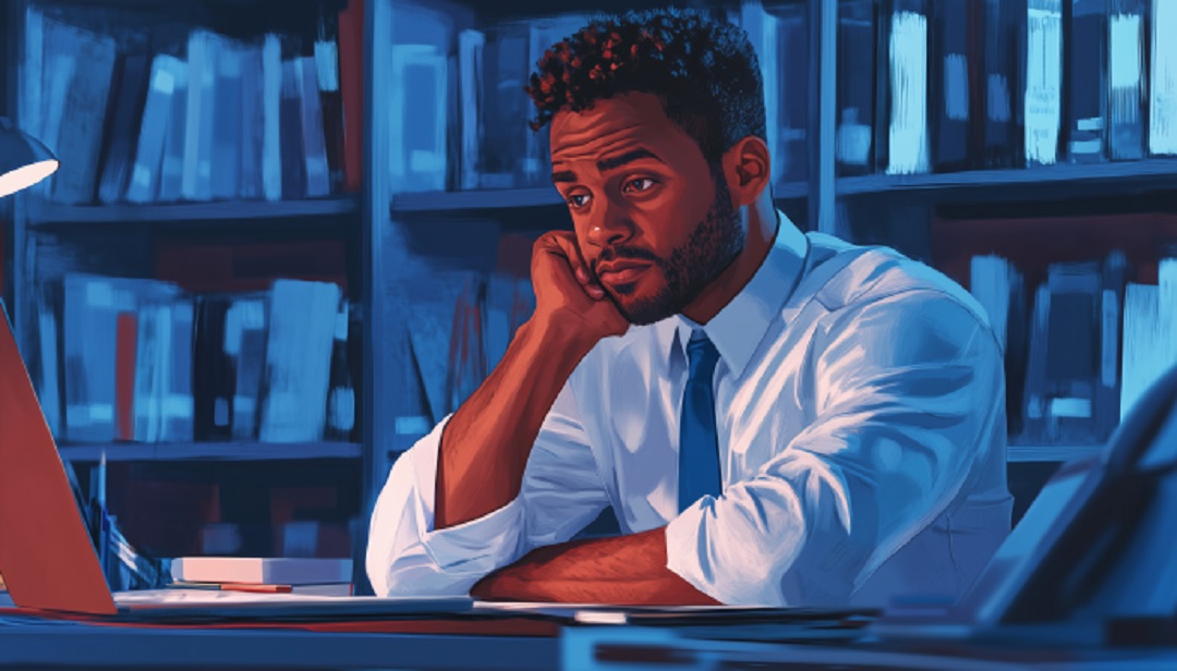 Exhausted employee showing factors that decrease productivity at work and cause burnout.