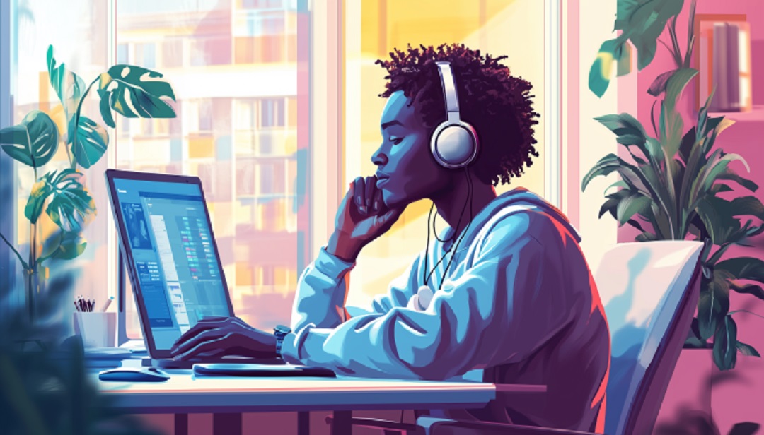 Worker using headphones to avoid distractions and increase productivity at work.