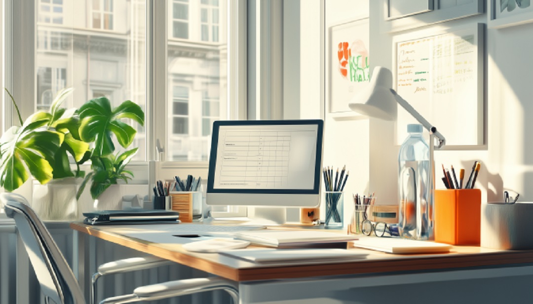 Clean organized desk setup to increase productivity at work with efficient time management.