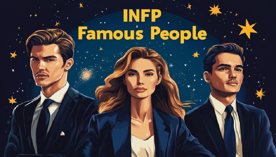 INFP famous people illustrated with creative personalities against starry background.