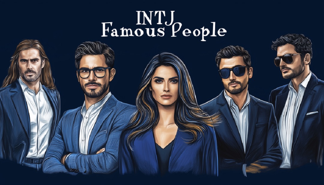 INTJ famous people illustration showing diverse group of masterminds in business attire.