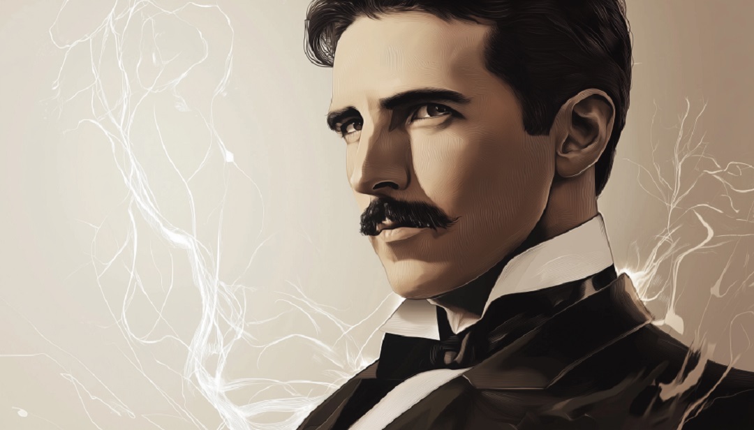 Nikola Tesla illustrated portrait showing famous INTJ personality with innovative genius.