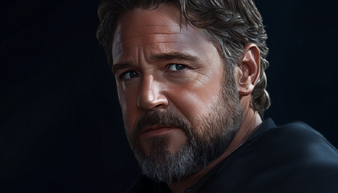 Russell Crowe portrait showcasing INTJ famous actor with intense focused expression.