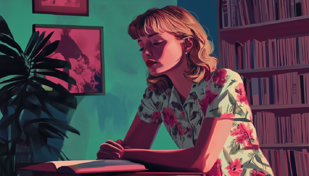 Sylvia Plath illustrated reading at desk representing INTJ famous writer and poet.