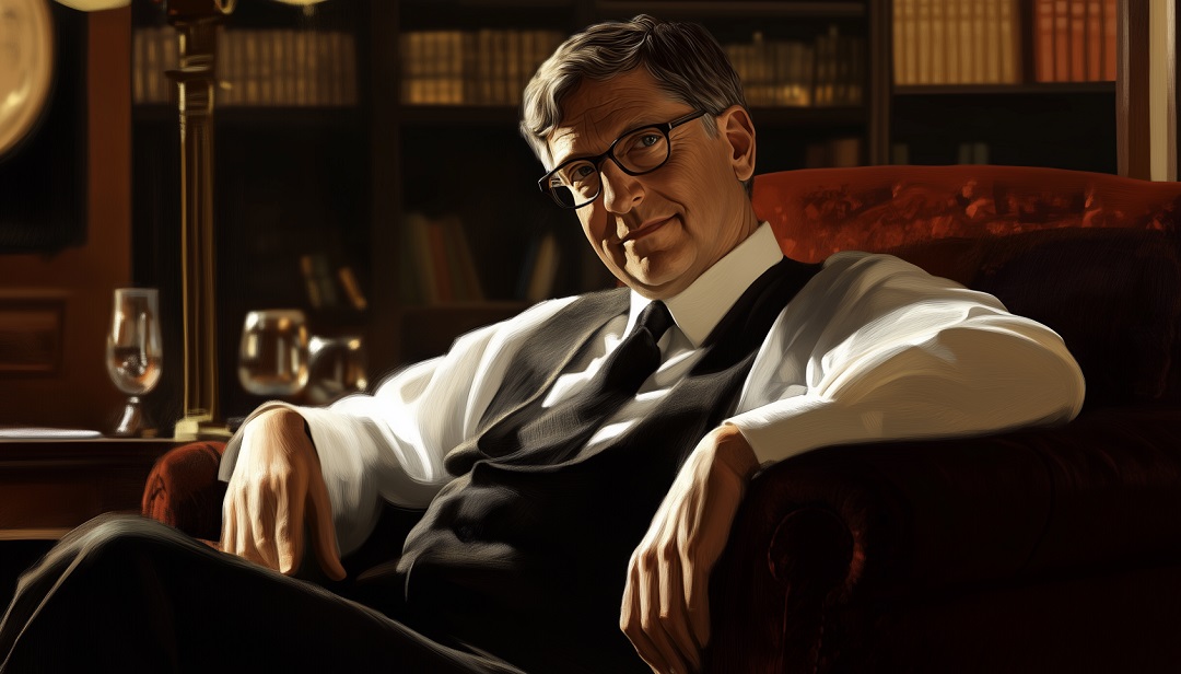 Bill Gates portrait in library setting showcasing INTP famous people and innovative thinking.