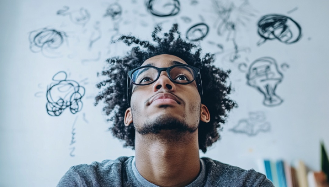 Thinker surrounded by ideas illustrating introverted vs extroverted thinking problem-solving styles.