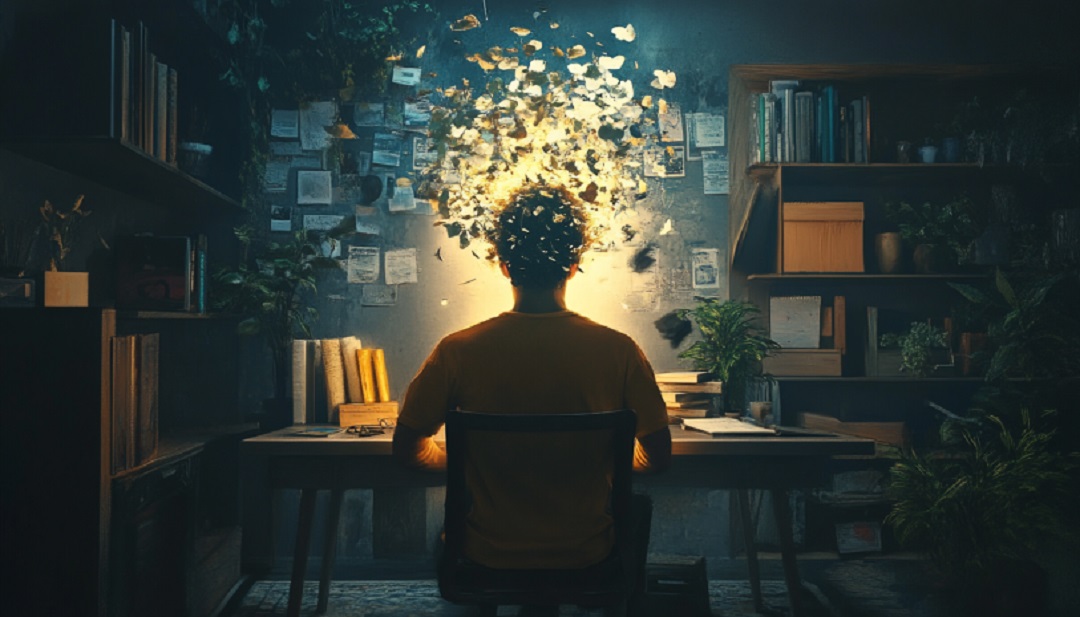 Person deep in thought with exploding ideas showing introverted vs extroverted thinking approaches.