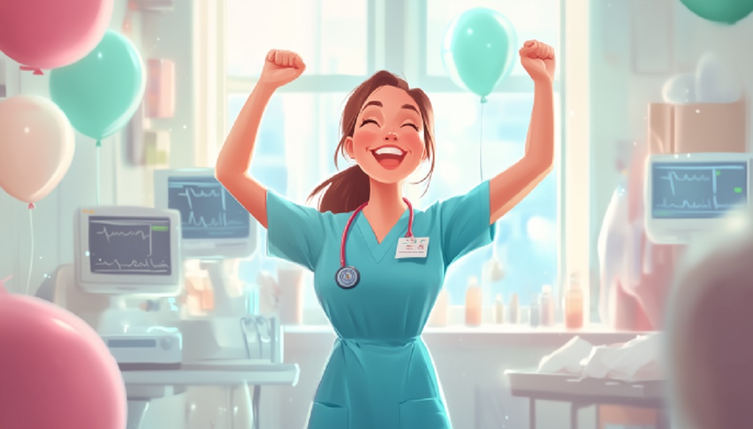 Happy nurse celebrating successful nursing career choice.