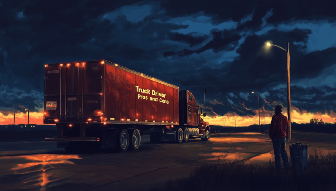 Person watching semi-truck at dusk evaluating truck driving career pros and cons.