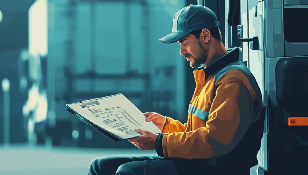 Truck driver reviewing paperwork considering is truck driving a good career.