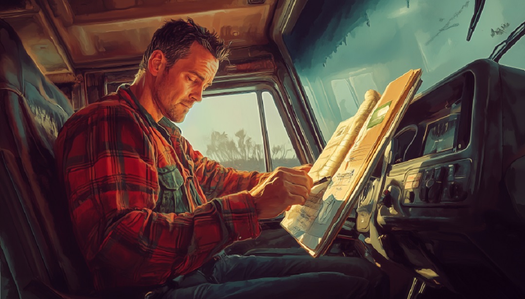 Truck driver in cab planning route for trucking career.