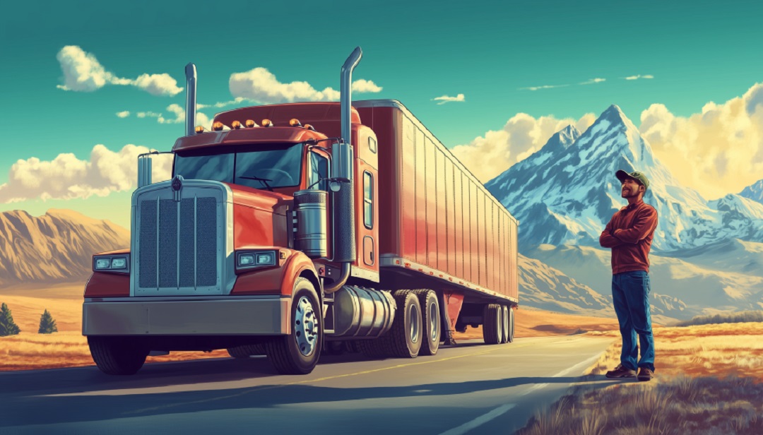 Truck driver on scenic highway weighing if trucking is good career.