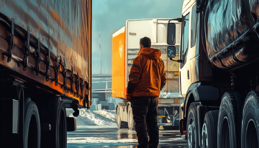 Driver walking between trucks considering is truck driving a good career.